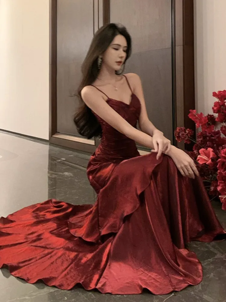 Abito da festa di compleanno con volant estivo da donna Abiti da sera senza maniche con cinturino per spaghetti sexy Abiti da ballo sottili femminili Abito lungo 5