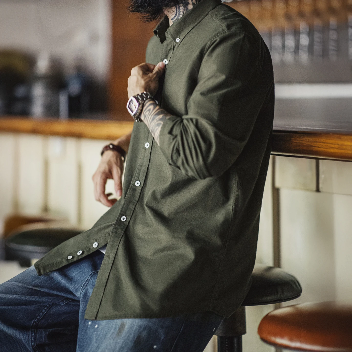 Maden Camicia Oxford vintage Camicia a maniche lunghe in cotone spazzolato da uomo Camicetta monopetto Top a strati tinta unita per l'autunno 3