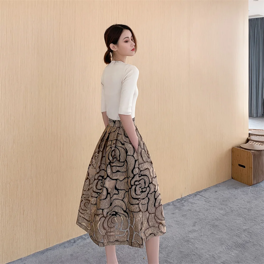 Temperamento Jacquard scava fuori gonne irregolari a vita alta gonna longuette Vintage All-match a-line Streetwear gonna lunga tutu party 3