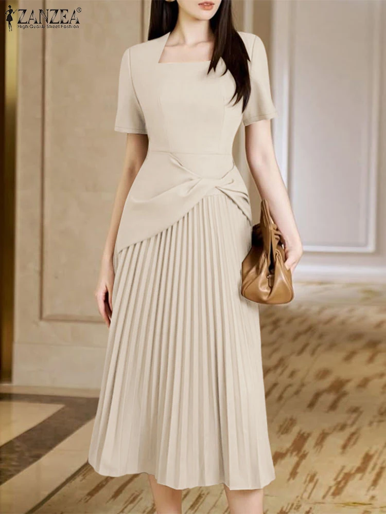 ZANZEA Abiti eleganti da lavoro per ufficio 2025 Abito estivo da donna Collo quadrato Vestito estivo da festa Moda Manica corta Abiti a pieghe Robe 2