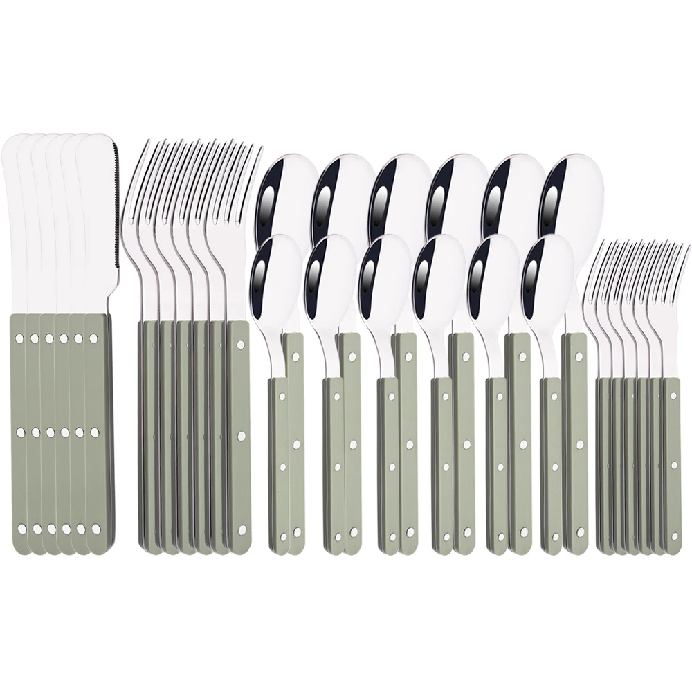 6/30 pz verde argento manico acrilico posate coltello forchetta cucchiaio Set di stoviglie acciaio inossidabile Set di posate cucina domestica occidentale 1