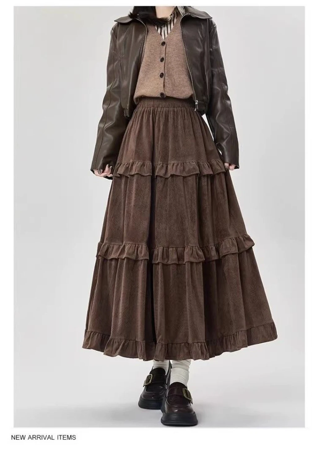 Gonne di media lunghezza autunnali e invernali, gonne di velluto da donna, mezze gonne arricciate con patchwork elastico retrò coreano autunno e inverno 6