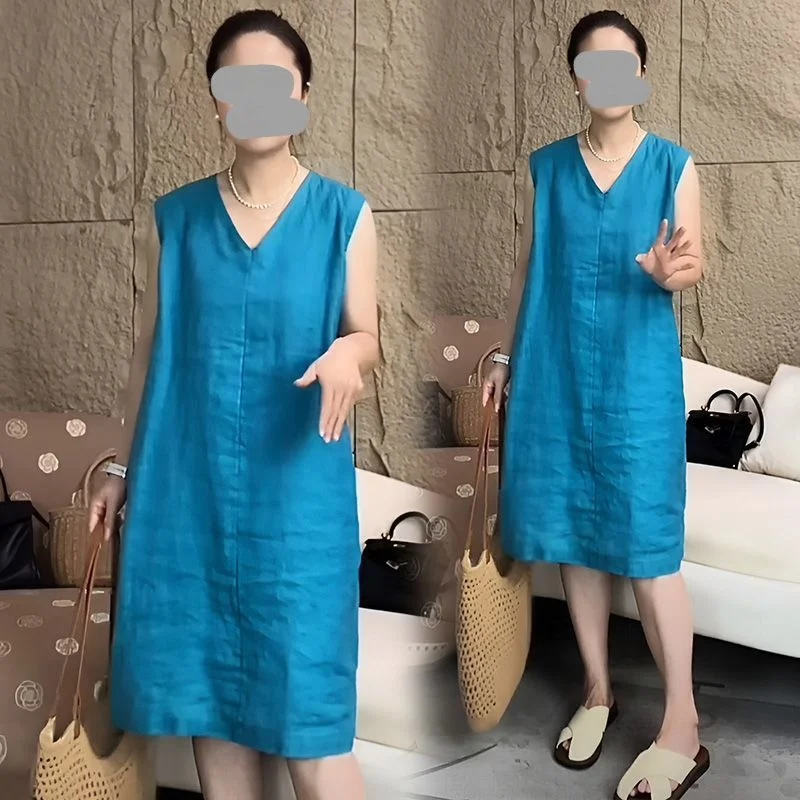 Abito gilet in lino artistico retrò senza maniche con scollo a V gonna midi a trapezio comodo stile casual colore puro primavera estate novità 2