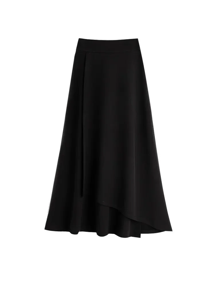 Gonna longuette asimmetrica nera A-Line leggera stile maturo Estate Nuovo arrivo Gonna decorativa in fibra di poliestere di colore puro 3