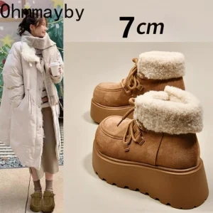 Stivali da neve in pelliccia da donna con tacco grosso invernale con plateau Scarpe comode con aumento di altezza Scarpe stivaletti corti in cotone caldo stile street 1