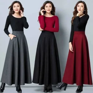Lucyever Gonna lunga di lana delle nuove donne di inverno Elegante vita alta di lana Una linea Gonne Donna Casual Spessa Tasca calda Maxi Gonne 1
