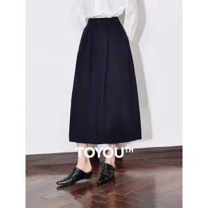 TOYOUTH Gonna da donna 2025 Primavera Nuovo colore solido Puro cotone Vita media Versatile Lunghezza caviglia Una linea Ombrello Gonna Nera 1