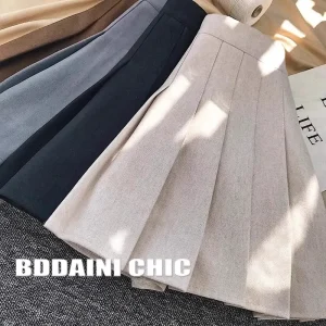 Gonna scozzese di lana ispessita a vita alta per le donne Autunno Inverno Minigonna a linea A Stile college JK Uniforme plus Size Gonna corta 1