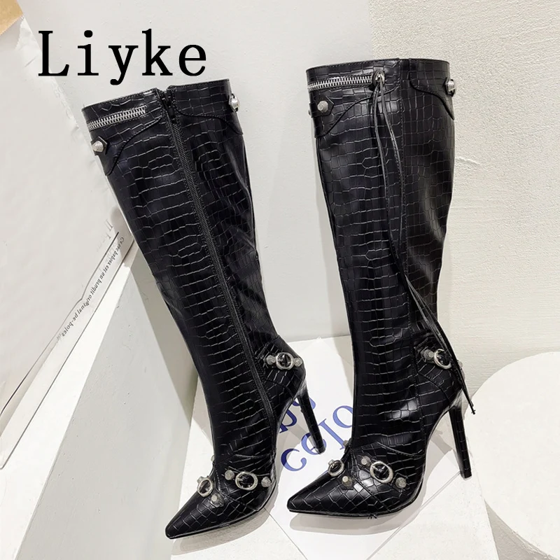 Liyke 2025 Nuovo Sexy Punta a punta Stivali alti al ginocchio Donna Pole Dance Tacchi a spillo Pompe Moda Nappa Zip Rivetto Scarpe lunghe invernali 6
