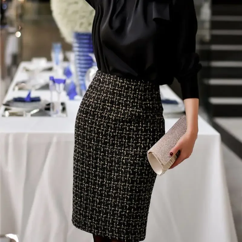 Autunno Inverno delle donne Nuova Vita Alta Sottile Split Gonne Femminile Al Ginocchio Plaid Gonne Delle Signore di Lana Gonne A Matita E7735 5