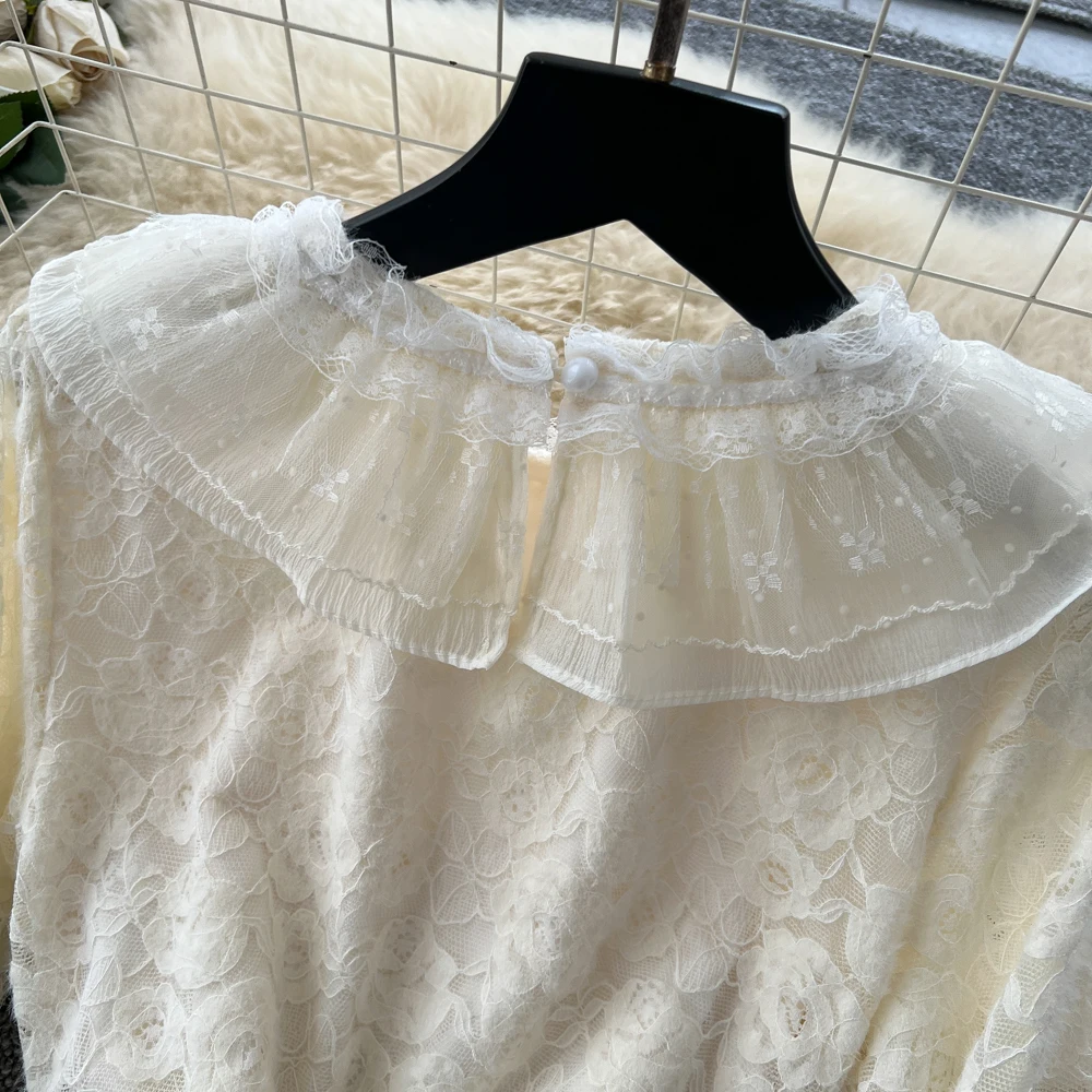 Chic vintage pizzo maglia manica lunga Elegante fata moda coreana autunno vestito estivo abbigliamento donna 3