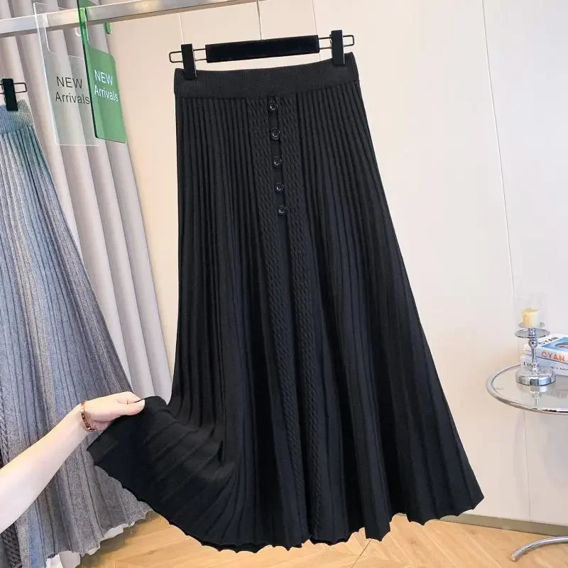 2025 Autunno Inverno New Office Lady Semplicità Elastico in vita Gonna a trapezio Moda donna Bottoni larghi Gonna a pieghe tinta unita 2