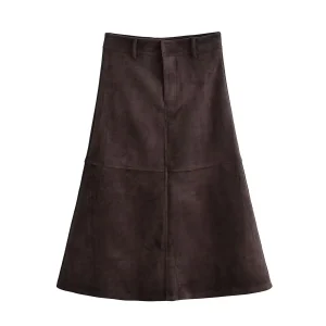 Mezza gonna strutturata in pelle scamosciata color caffè da donna Mezza gonna midi a vita alta da donna a vita alta per pendolarismo alla moda 1