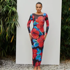 Abito lungo sexy senza schienale slim fit a maniche lunghe stampato alla moda per le donne Stile europeo e americano transfrontaliero 1