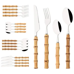 4/8/20 pezzi posate in acciaio inossidabile set di posate legno manico in radice di bambù stoviglie coltello cucchiaio forchetta stoviglie cucina argenteria 1