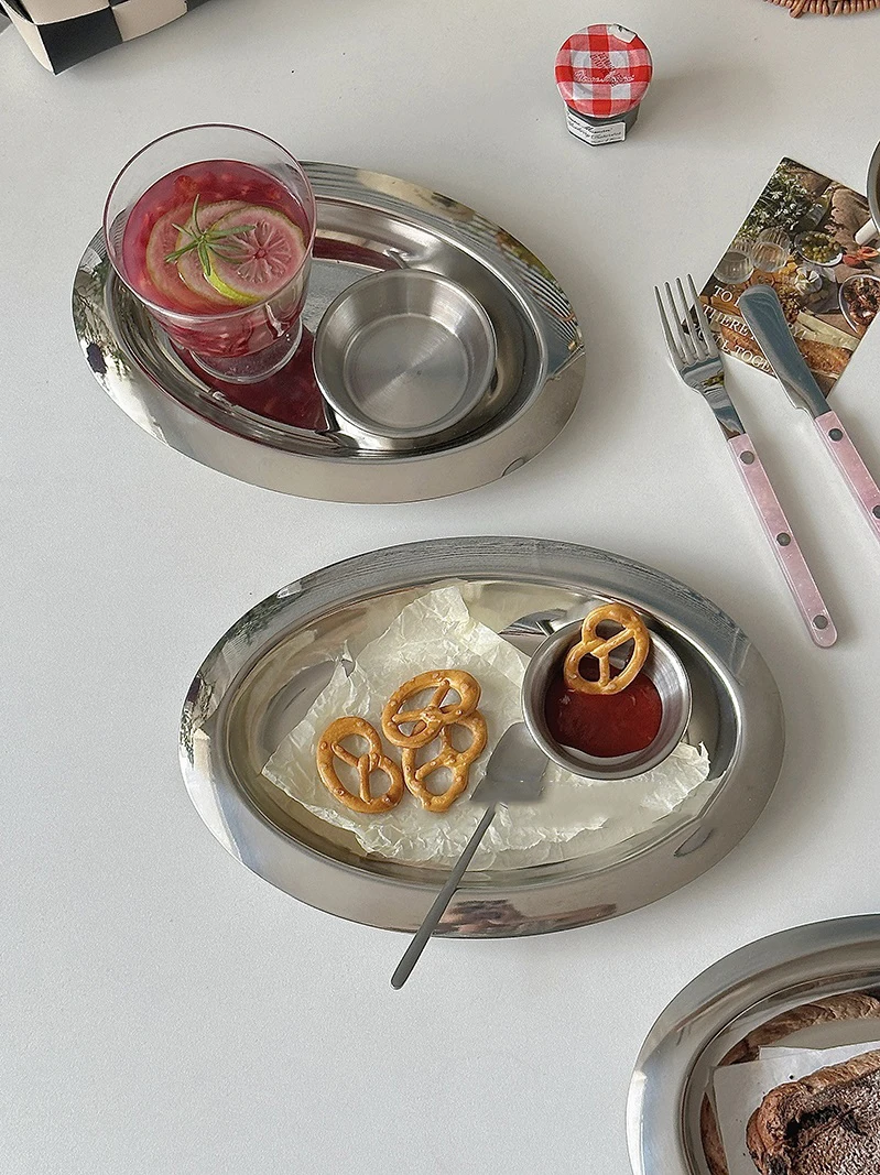Piatto ovale vintage in acciaio inossidabile per colazione, disco per insalata, piatto rotondo per immersione, vassoio per la conservazione della torta del tè pomeridiano 4