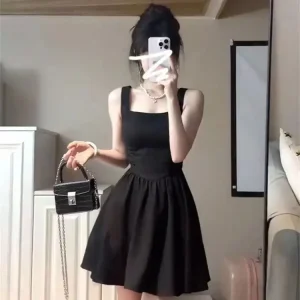 Vendita calda estiva della stagione Mini abito nero elegante con cintura Gonna corta Abito stile fiaba con maniche principessa per Petite Wo 1