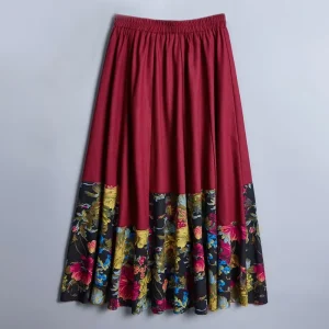 Gonna da donna in stile etnico con giunture in quattro stagioni in stile cinese Gonna longuette stampata in cotone e lino da donna Retro Slim 1
