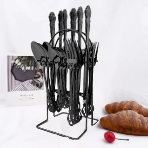 Set di posate da tavola Vintage nero occidentale coltello da pranzo forchetta cucchiaio Set di posate incisione di stoviglie di lusso in oro con Set di Rack 1