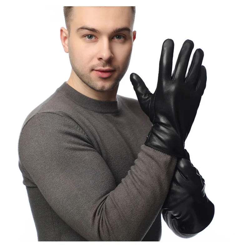 Guanti in pelle da uomo invernali in vera pelle di pecora foderati in velluto con dita intere touchscreen guanti da moto da guida per ciclismo all'aperto 3