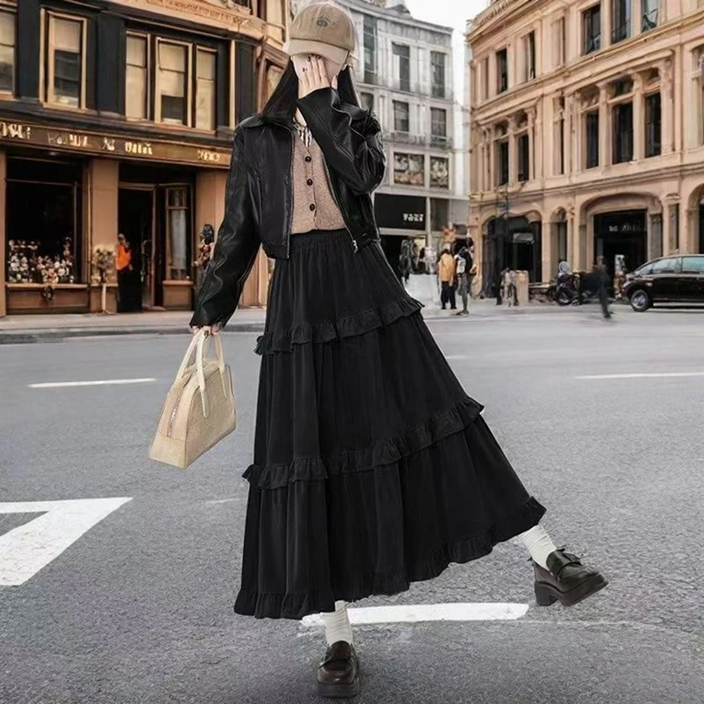 Gonne di media lunghezza autunnali e invernali, gonne di velluto da donna, mezze gonne arricciate con patchwork elastico retrò coreano autunno e inverno 4