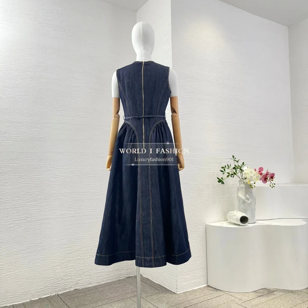 Vacanze autunnali Nuove donne eleganti Abiti da donna Blu navy Jeans denim Abito longuette senza maniche per l'uso quotidiano 3