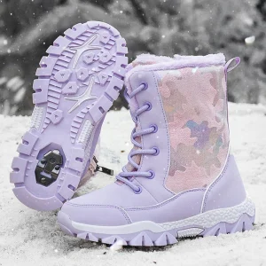 Stivali da neve per bambini per ragazza invernale in peluche addensato caldo alto da viaggio all'aperto da passeggio antiscivolo comodi stivali medi con lacci 1
