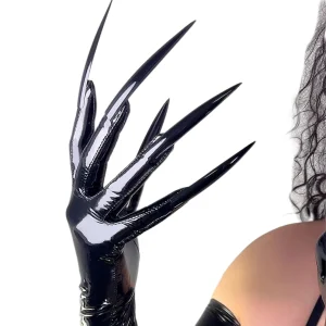 DooWay Guanti per unghie lunghi in lattice Olio Nero lucido Wetlook Guanti di gomma lunghi 70 cm con NAILS Ecopelle Ultra sottile TECH Cosplay 1