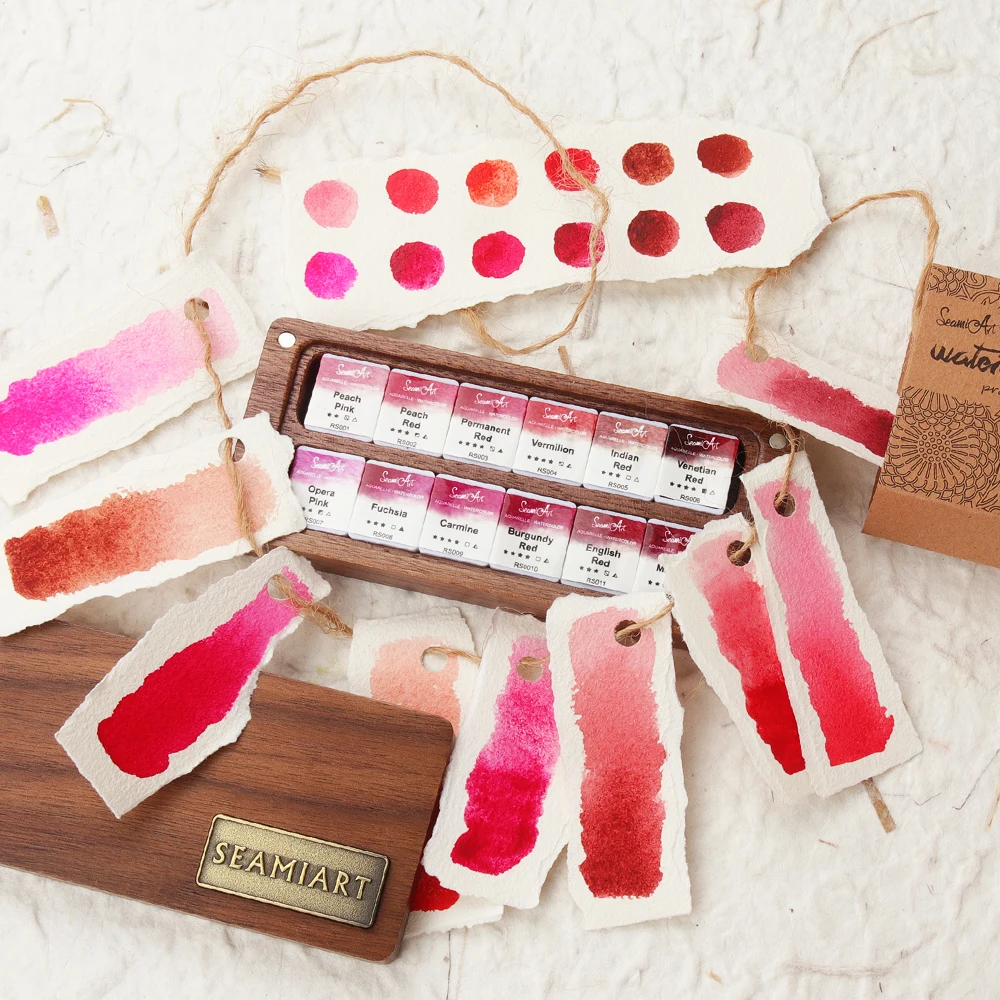 SeamiArt 12 colori rosa rossa set di acquerelli solidi scatola di legno di noce nera confezione regalo per disegnare forniture di pittura artistica 3