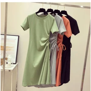 Abito verde avocado con coulisse in vita che dimagrisce maglietta coreana per studenti di moda gonna trendy manica corta girocollo al ginocchio 1