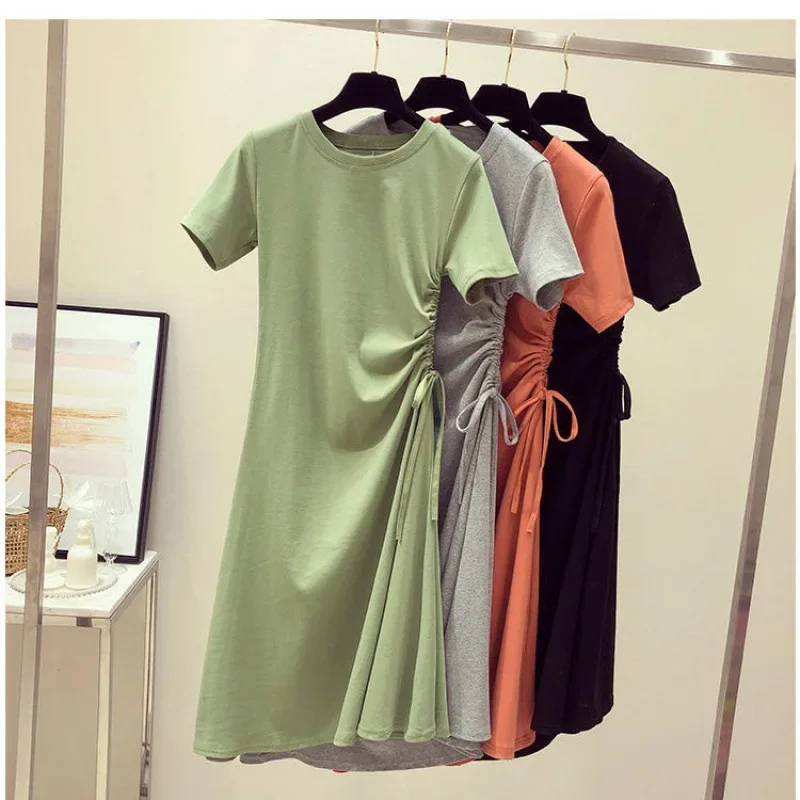 Abito verde avocado con coulisse in vita che dimagrisce maglietta coreana per studenti di moda gonna trendy manica corta girocollo al ginocchio 1