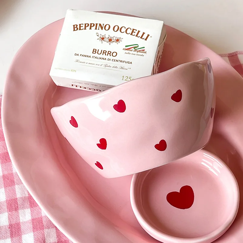 Insalatiera Piatto in ceramica con motivo a cuore rosa Tazza da caffè Ciotola da dessert per bambini Piatti da pranzo carini per la casa Stoviglie da ristorante 2