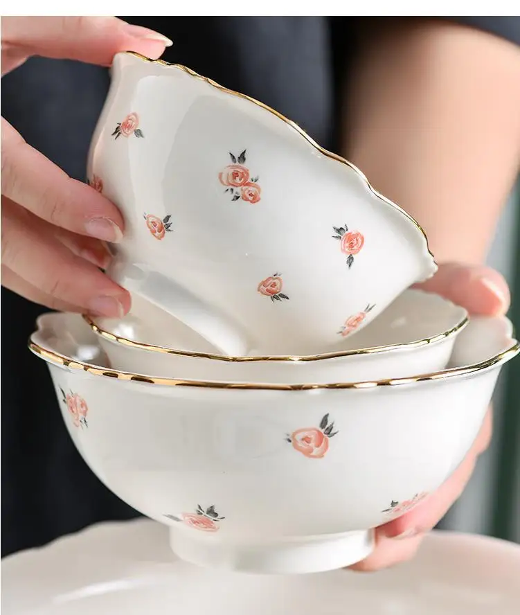 Set ciotola e piatto in ceramica New Bone China Phnom Penh Rose Stoviglie Dessert Piatto Bistecca occidentale Colazione 4