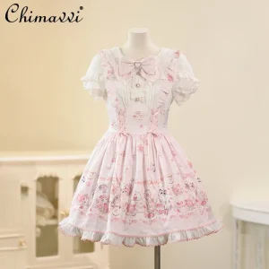 Abito Lolita OP a maniche corte con stampa carina nuova primavera estate originale Abiti corti con fiocco Kawaii prodotto in massa per ragazza dolce giapponese 1
