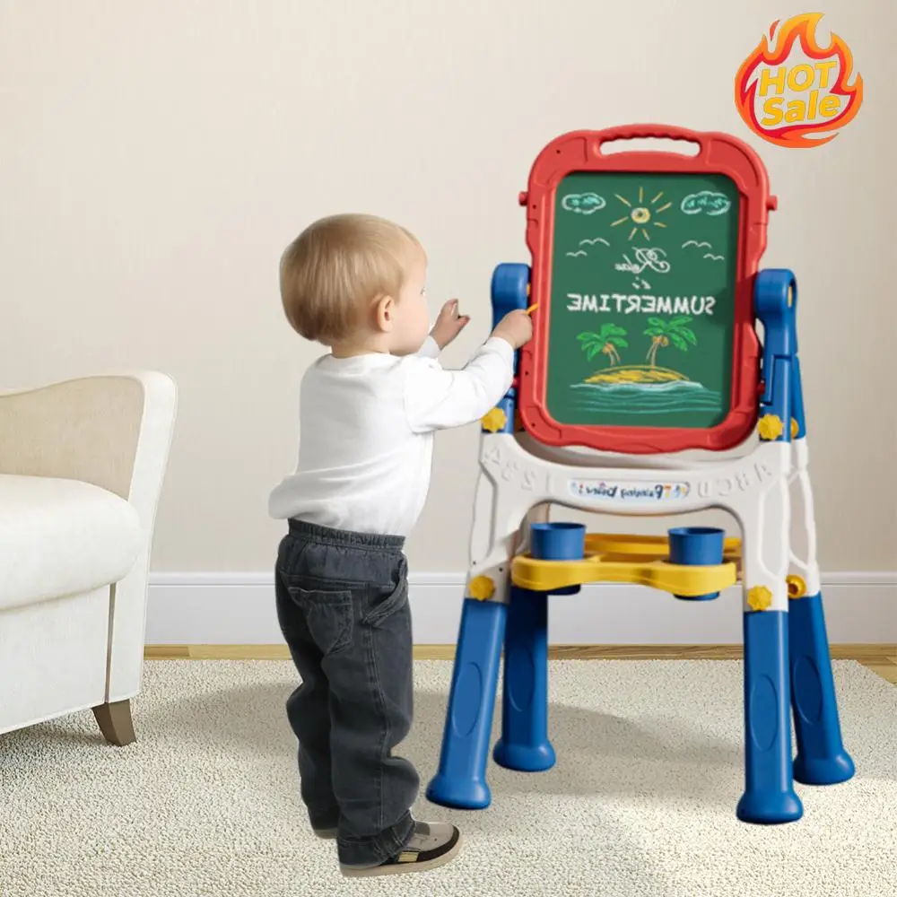 Cavalletto bifacciale girevole in piedi Cavalletto regolabile per scrittura e graffiti Tavolo da disegno magnetico per bambini piccoli, ragazzi e ragazze 3