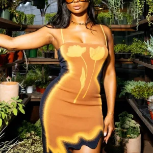 Weird Puss Y2K Abito con orlo irregolare Donna Chic Tulip Stampa Senza maniche Vacanza al mare Midnight Party Clubwear Skinny Aderente 1