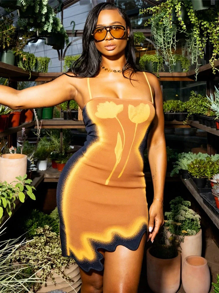 Weird Puss Y2K Abito con orlo irregolare Donna Chic Tulip Stampa Senza maniche Vacanza al mare Midnight Party Clubwear Skinny Aderente 1