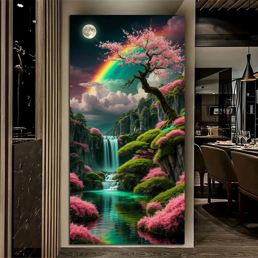Arcobaleno rosa albero cascata di grandi dimensioni fai da te diamante arti kit di pittura scenario pieno quadrato rotondo trapano mosaico ricamo immagine 1