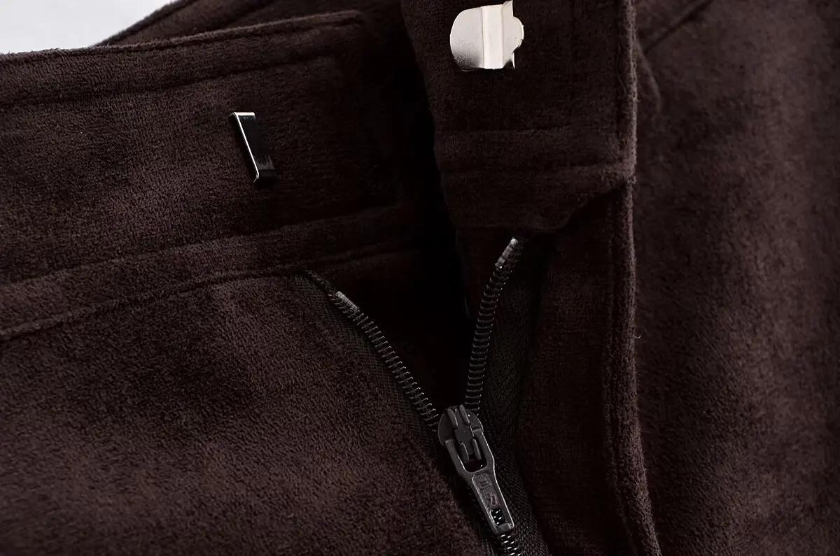 Mezza gonna strutturata in pelle scamosciata color caffè da donna Mezza gonna midi a vita alta da donna a vita alta per pendolarismo alla moda 4