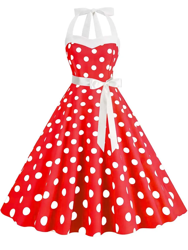 Abito da festa estivo da donna con cintura con stampa a pois Halter Hepburn Robe Abiti vintage anni '50 e '60 5