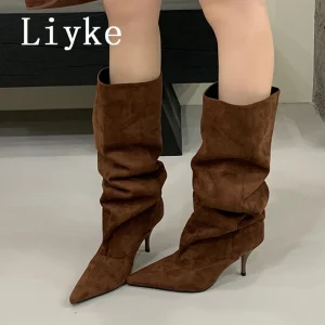 Liyke Autunno Inverno Gattini Sottili Tacchi Stivali Al Ginocchio Donne Punk Vintage Punta a punta Pista Passerella Scarpe Stivaletti Lunghi Taglia 40 1