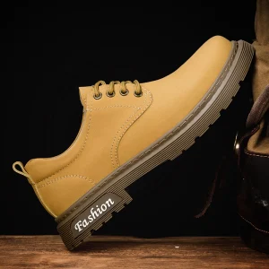 Stivaletti casual in pelle tinta unita alla moda Stivaletti con lacci antiscivolo con suola spessa Stivali da lavoro comodi, durevoli e versatili 1