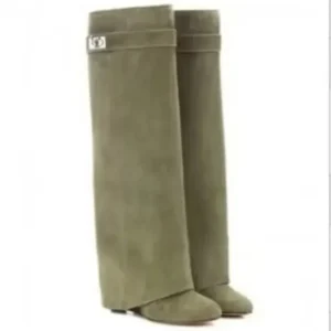 Stivali con zeppa da donna Stivali alti al ginocchio con fibbia in corno di mucca Punta tonda, polpaccio largo Europeo Inverno Equitazione Stile equestre Decorazione in metallo 1