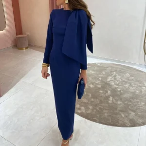 Fashion Long Sleeve Bow Accent Maxi Dress Women Autumn Bodycon Slim Elegant Style Suitable for Office Banquet or Wedding Guest 1