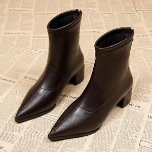 Moda vintage tacchi spessi donna stivaletti sottili autunno inverno punta a punta spogliarellista partito stivaletti corti Zapatos De Mujer 1