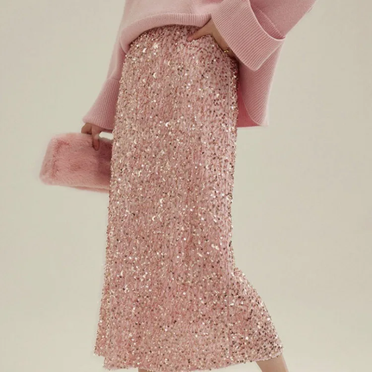 Gonna oversize vintage con paillettes scintillanti per le donne Y2k Gonne aderenti a vita alta 2025 Inizio primavera Nuovo All-match Faldas Mujer 1