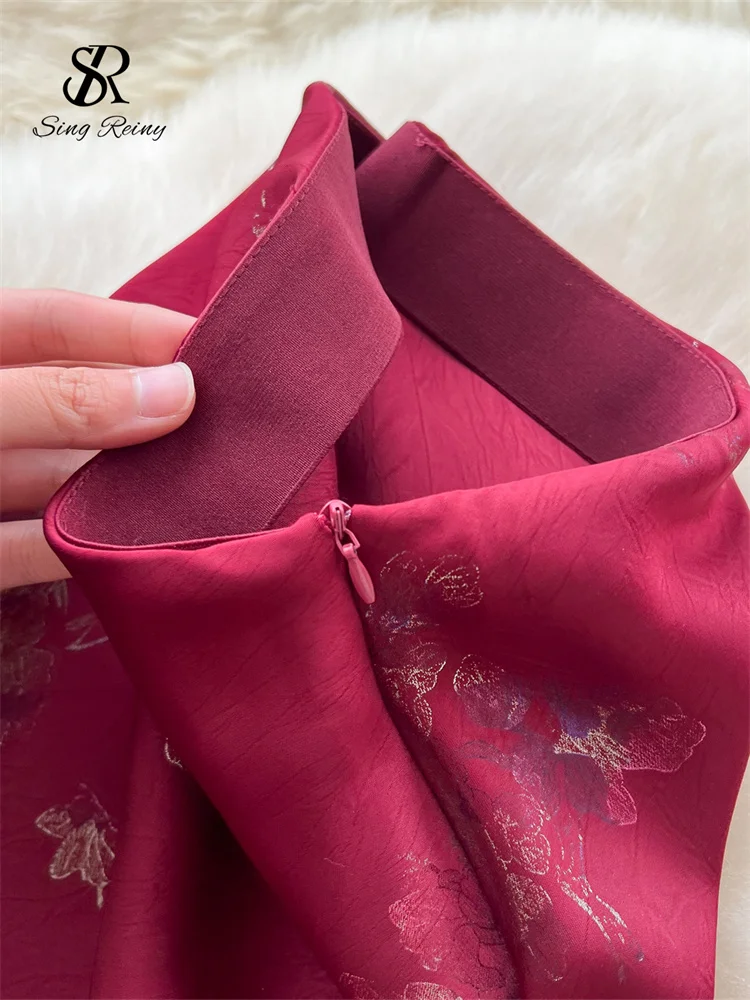 SINGREINY Gonna lunga da donna senior Stampa floreale in oro Design con cerniera Estate Francia Elegante gonna vintage Nozioni di base in raso A Line 6