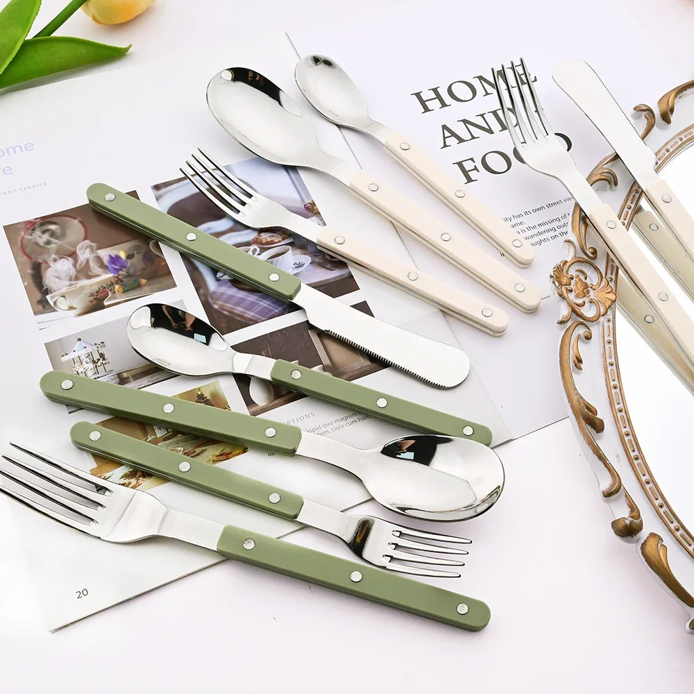 6/30 pz verde argento manico acrilico posate coltello forchetta cucchiaio Set di stoviglie acciaio inossidabile Set di posate cucina domestica occidentale 6