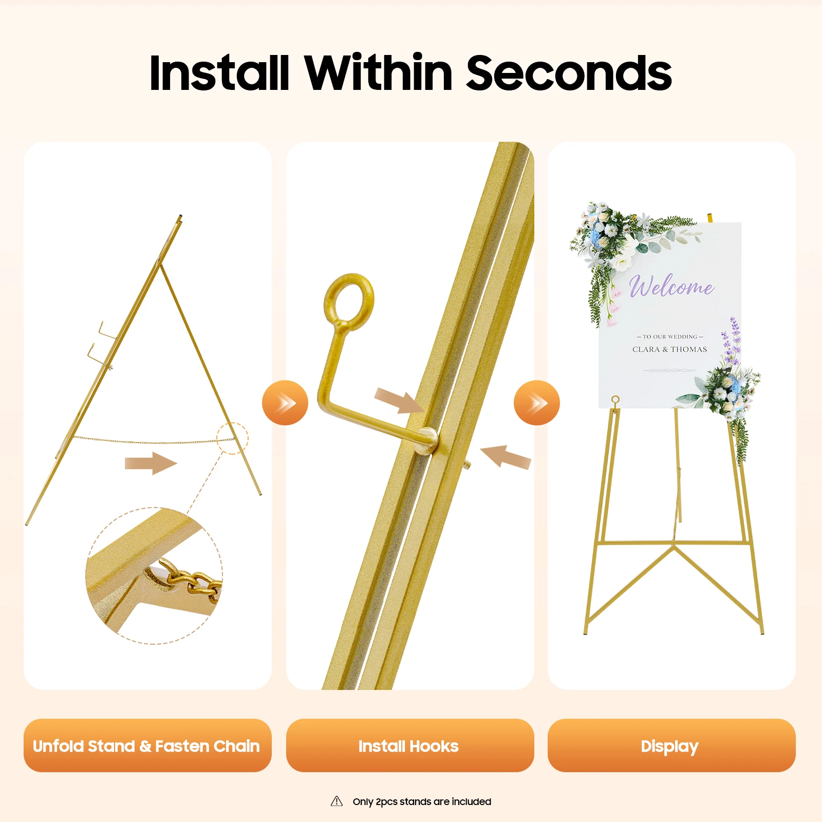 Confezione da 2 cavalletti portatili in oro per cartelli e poster di nozze, cavalletto artistico portatile regolabile da 113 cm per visualizzare cartelli di nozze 6