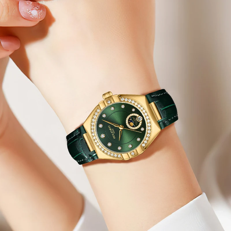 ROLENDO Orologio da donna automatico stile costellazione Cinturino segreto smeraldo Quadrante verde Giorno-Data Cristallo di zaffiro Impermeabile Elegante 2
